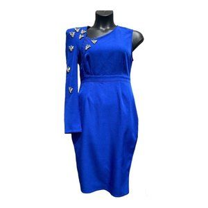 Gorgeous Cobalt Royal Blue One Shoulder Sleeve Dress with Rhinestone Bees Size L